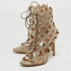 Pre Owned Gianvito Rossi Grey Suede Lattice Sandals Size 38.5