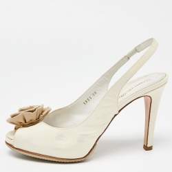 Pre Owned Gianvito Rossi Off White Patent Leather Flower Applique Peep Toe Slingback Pumps Size 38