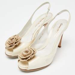 Pre Owned Gianvito Rossi Off White Patent Leather Flower Applique Peep Toe Slingback Pumps Size 38
