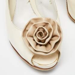 Pre Owned Gianvito Rossi Off White Patent Leather Flower Applique Peep Toe Slingback Pumps Size 38