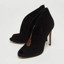 Pre Owned Gianvito Rossi Black Suede V-Neck Peep Toe Ankle Booties Size 37.5