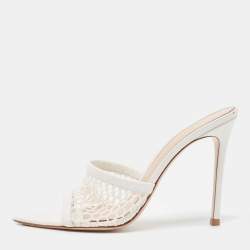 Gianvito Rossi White Mesh And Leather Honeycomb Open Toe Mules Size 39