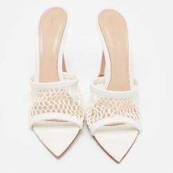 Gianvito Rossi White Mesh And Leather Honeycomb Open Toe Mules Size 39