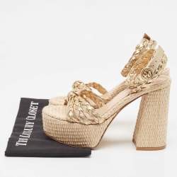 Pre Owned Gianvito Rossi Metallic Gold Leather Braided Accents Ankle Strap Sandals Size 37