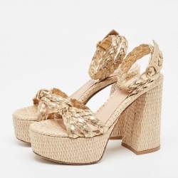 Pre Owned Gianvito Rossi Metallic Gold Leather Braided Accents Ankle Strap Sandals Size 37