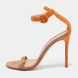 Pre Owned Gianvito Rossi Suede Orange and Beige Portofino Ankle Cuff Sandals Size 37.5