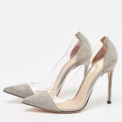 Pre Owned Gianvito Rossi Grey Suede and PVC Plexi Pointed Toe Pumps Size 39