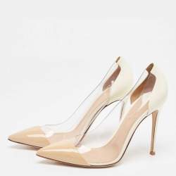 Pre Owned Gianvito Rossi Beige/White Patent Leather and PVC Plexi Pointed Toe Pumps Size 40