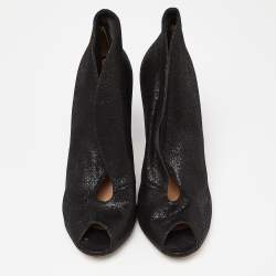 Pre Owned Gianvito Rossi Black Textured Suede Vamp Peep Toe Booties Size 39