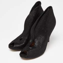 Pre Owned Gianvito Rossi Black Textured Suede Vamp Peep Toe Booties Size 39