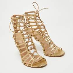 Gianvito Rossi Gold Leather Strappy Lace Up Sandals Size 41