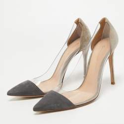 Pre Owned Gianvito Rossi Grey Suede and PVC Plexi Pointed Toe Pumps Size 38.5