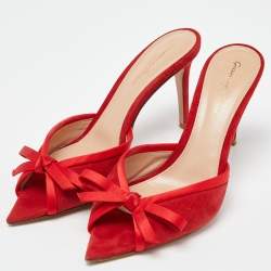 Pre Owned Gianvito Rossi Red Suede Bow Slide Sandals Size 38.5