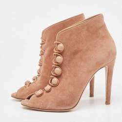 Pre Owned Gianvito Rossi Beige Suede Button Strap Peep Toe Boots Size 38