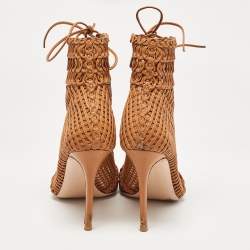 Gianvito Rossi Tan Woven Leather Marnie Ankle Boots Size 37.5