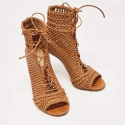 Gianvito Rossi Tan Woven Leather Marnie Ankle Boots Size 37.5