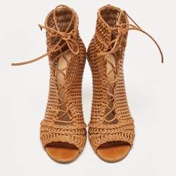 Gianvito Rossi Tan Woven Leather Marnie Ankle Boots Size 37.5