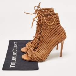 Gianvito Rossi Tan Woven Leather Marnie Ankle Boots Size 37.5