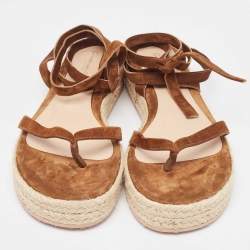 Pre Owned Gianvito Rossi Brown Suede Ankle Tie Espadrille Sandals Size 38.5