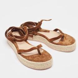 Pre Owned Gianvito Rossi Brown Suede Ankle Tie Espadrille Sandals Size 38.5