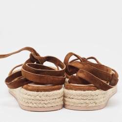 Pre Owned Gianvito Rossi Brown Suede Ankle Tie Espadrille Sandals Size 38.5