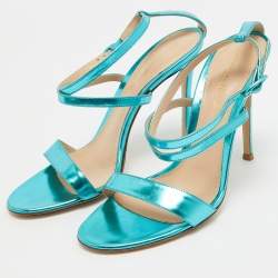 Pre Owned Gianvito Rossi Metallic Blue Leather Cross Ankle Strap Sandals Size 39