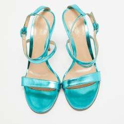 Pre Owned Gianvito Rossi Metallic Blue Leather Cross Ankle Strap Sandals Size 39