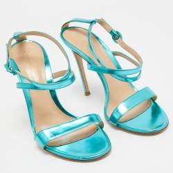 Pre Owned Gianvito Rossi Metallic Blue Leather Cross Ankle Strap Sandals Size 39