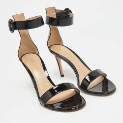 Gianvito Rossi Black Patent Leather Ankle Strap Sandals Size 37