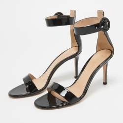 Gianvito Rossi Black Patent Leather Ankle Strap Sandals Size 37