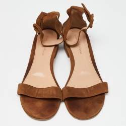 Pre Owned Gianvito Rossi Brown Suede Versilia Ankle Strap Flat Sandals Size 39.5