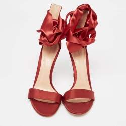 Gianvito Rossi Red Satin Gala Ankle Wrap Sandals Size 38.5