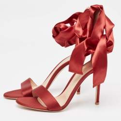 Gianvito Rossi Red Satin Gala Ankle Wrap Sandals Size 38.5