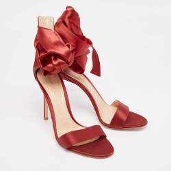 Gianvito Rossi Red Satin Gala Ankle Wrap Sandals Size 38.5