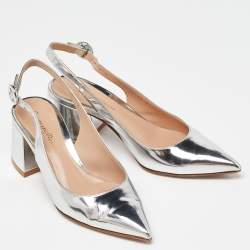 Pre Owned Gianvito Rossi Silver Patent Leather Slingback Pumps Size 34