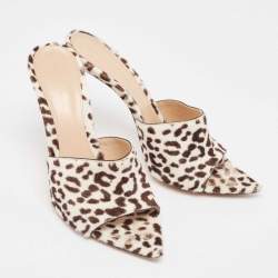 Pre Owned Gianvito Rossi Brown/White Leopard Print Calfhair Elle Slide Sandals Size 38.5