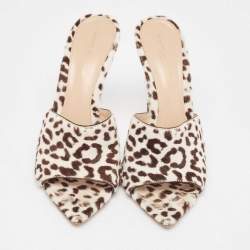 Pre Owned Gianvito Rossi Brown/White Leopard Print Calfhair Elle Slide Sandals Size 38.5