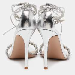 Pre Owned Gianvito Rossi Silver Leather Lace Up Sandals Size 39