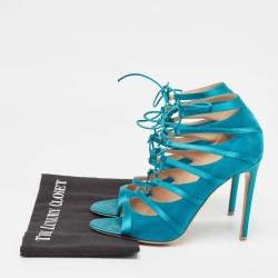 Pre Owned Gianvito Rossi Teal Suede and Satin Cut Out Ankle Tie Sandals Size 40.5