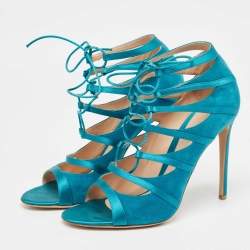 Pre Owned Gianvito Rossi Teal Suede and Satin Cut Out Ankle Tie Sandals Size 40.5