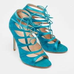 Pre Owned Gianvito Rossi Teal Suede and Satin Cut Out Ankle Tie Sandals Size 40.5