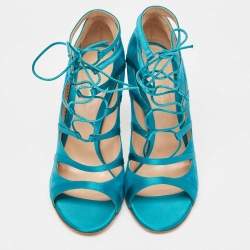 Pre Owned Gianvito Rossi Teal Suede and Satin Cut Out Ankle Tie Sandals Size 40.5