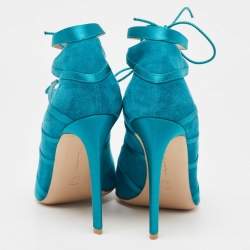 Pre Owned Gianvito Rossi Teal Suede and Satin Cut Out Ankle Tie Sandals Size 40.5