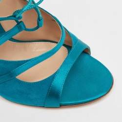 Pre Owned Gianvito Rossi Teal Suede and Satin Cut Out Ankle Tie Sandals Size 40.5