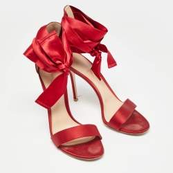 Pre Owned Gianvito Rossi Red Satin Lace Up Gala Open Toe Sandals Size 39.5