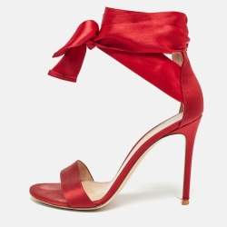 Pre Owned Gianvito Rossi Red Satin Lace Up Gala Open Toe Sandals Size 39.5
