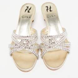 Pre Owned Gina Gold Leather Crystal Embellished Gabriella Slide Sandals Size 36.5