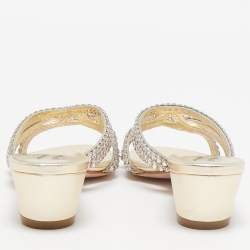 Pre Owned Gina Gold Leather Crystal Embellished Gabriella Slide Sandals Size 36.5
