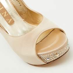 Gina Beige Satin Crystal Embellished Peep Toe Platform Wedge Pumps Size 37
