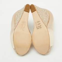 Gina Beige Satin Crystal Embellished Peep Toe Platform Wedge Pumps Size 37